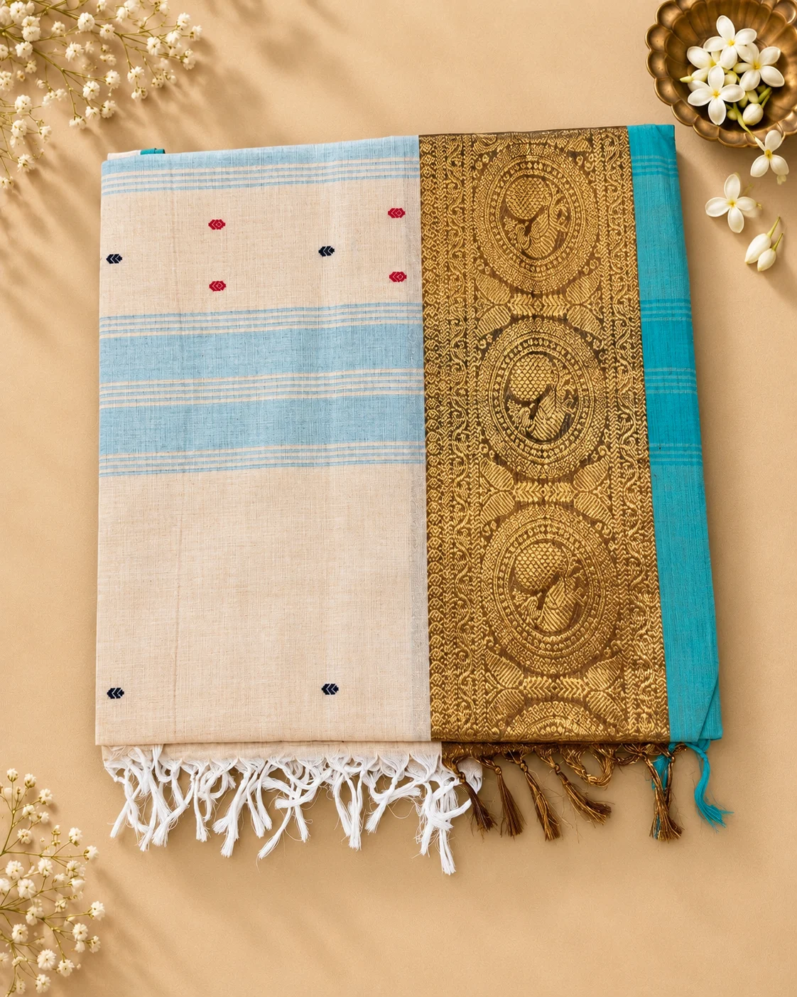 Mrinalini saree — Ivory/Cream with Light Blue & Turquoise