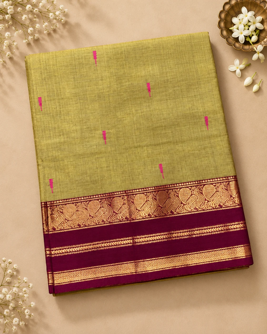 Avani saree — Olive Mustard with Maroon